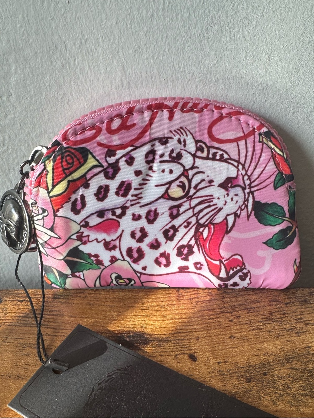 Ed Hardy Pink Leopard Coin Pouch Wallet Bag Charm Keychain Skull Zip Charm NWT